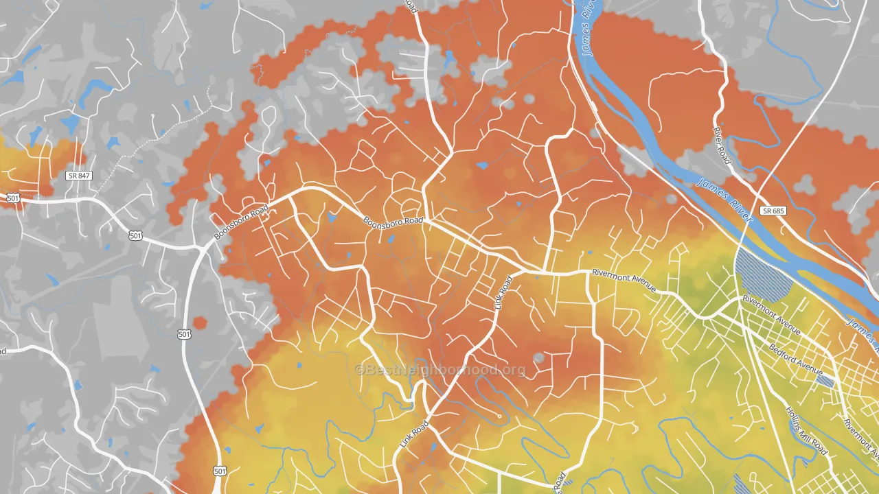 Bike Grade map of Bedford Hills, Lynchburg, VA