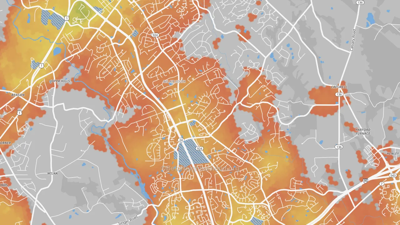 Bike Grade map of Bel Air South, MD