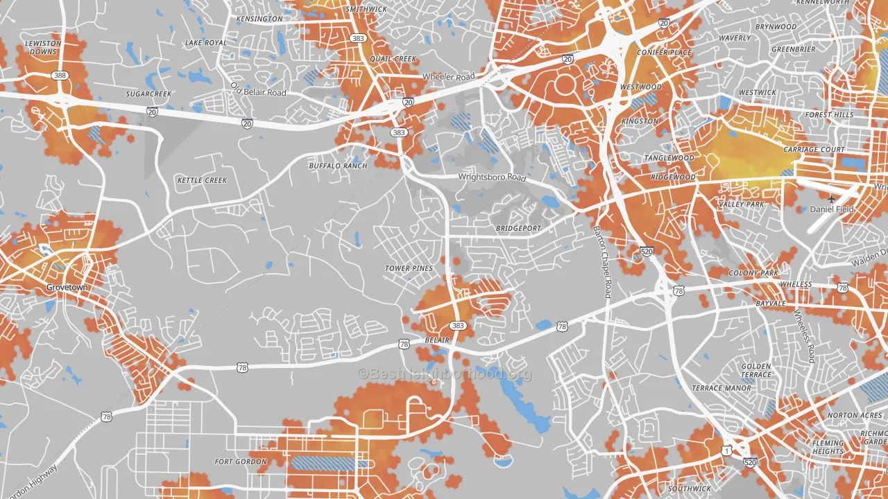 Bike Grade map of Belair, Augusta, GA