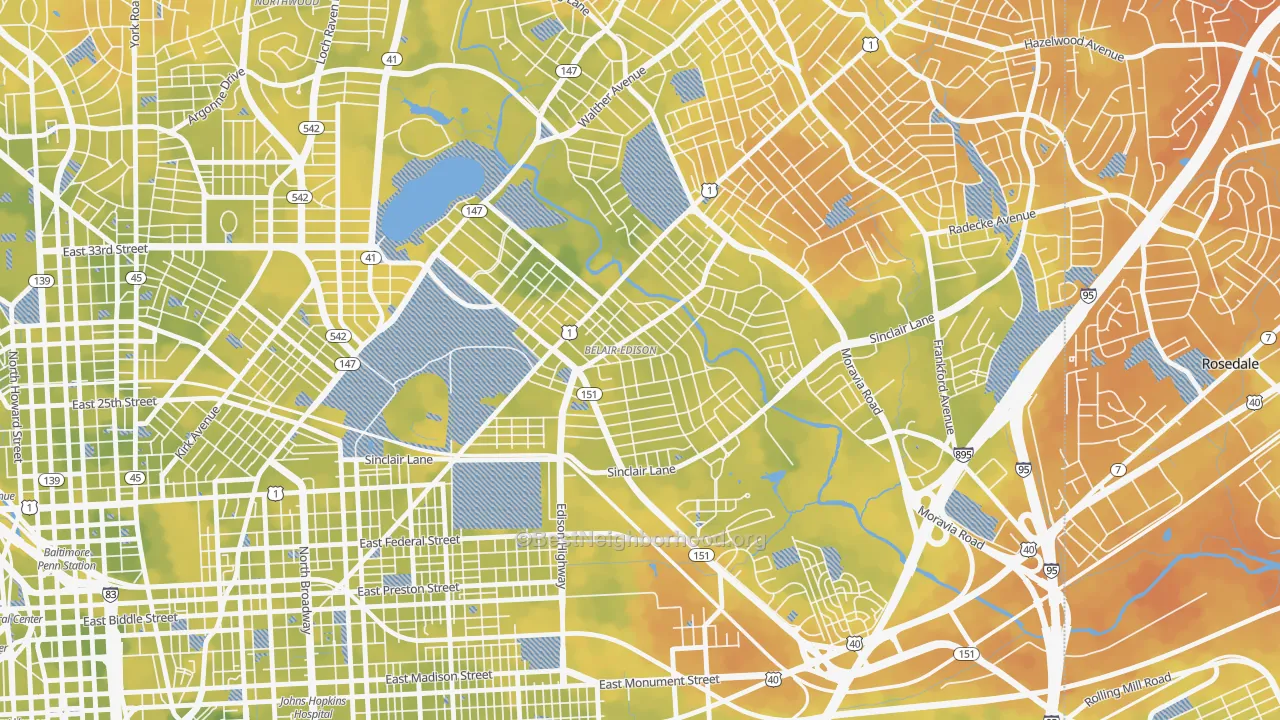 Bike Grade map of Belair-Edison, Baltimore, MD