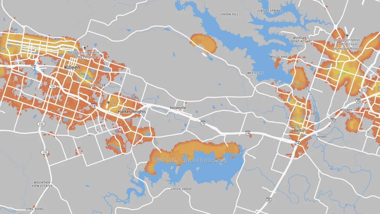 Bike Grade map of Bell County, TX
