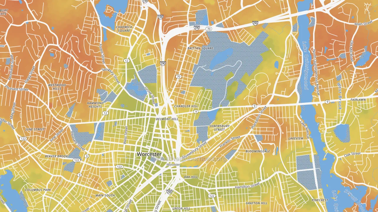 Bike Grade map of Bell Hill, Worcester, MA