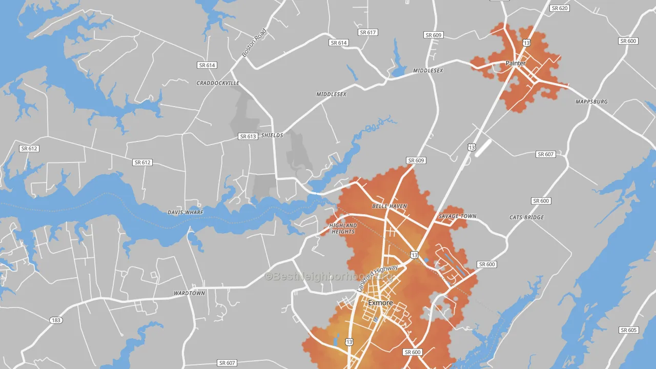 Bike Grade map of Belle Haven, VA