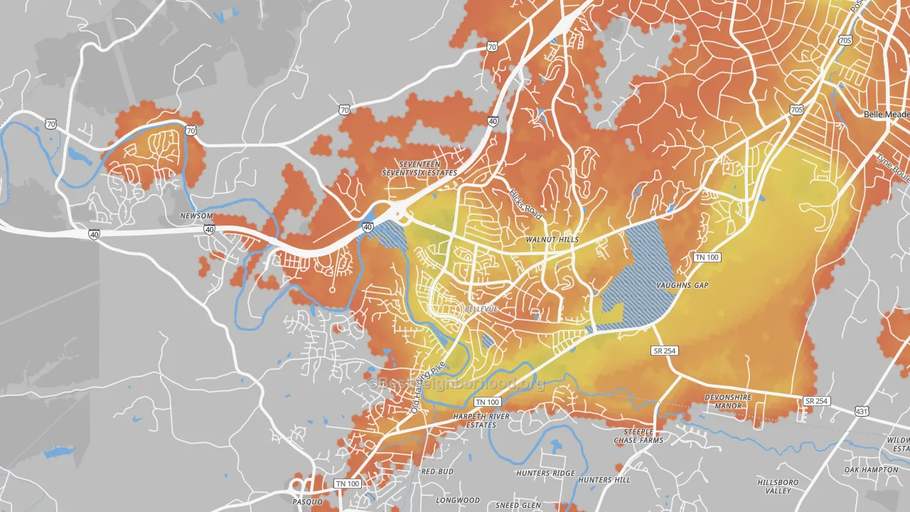 Bike Grade map of Bellevue, Nashville, TN