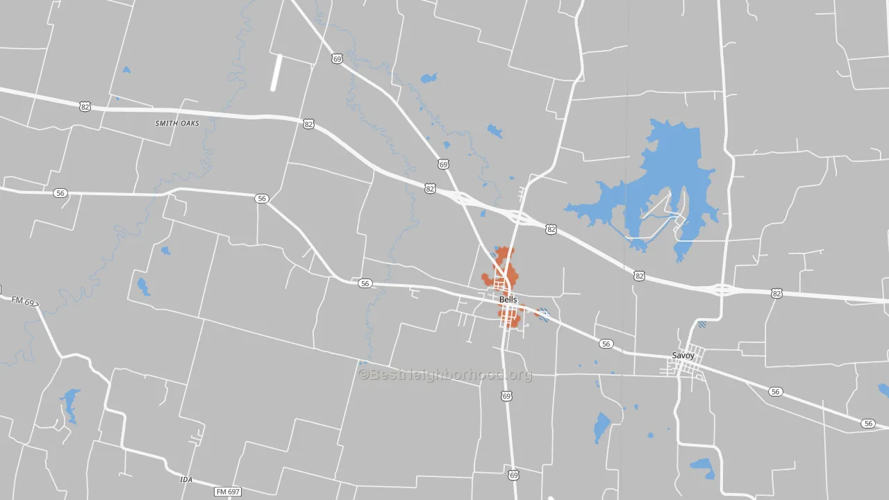 Bike Grade map of Bells, TX