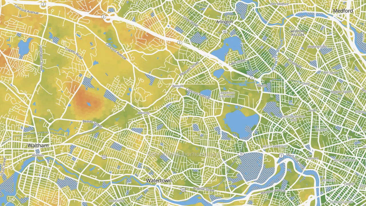 Bike Grade map of Belmont, MA