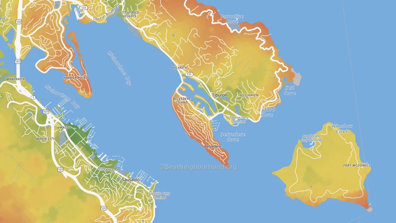 Bike Grade map of Belvedere, CA
