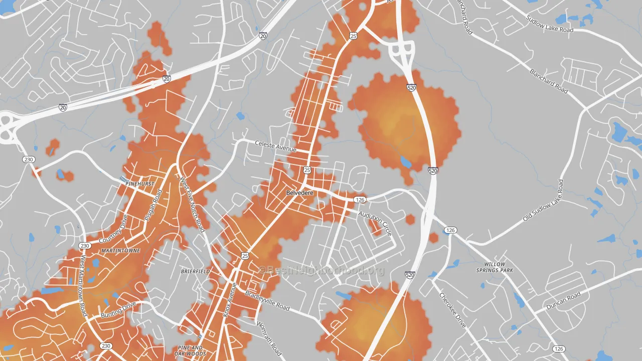 Bike Grade map of Belvedere, SC