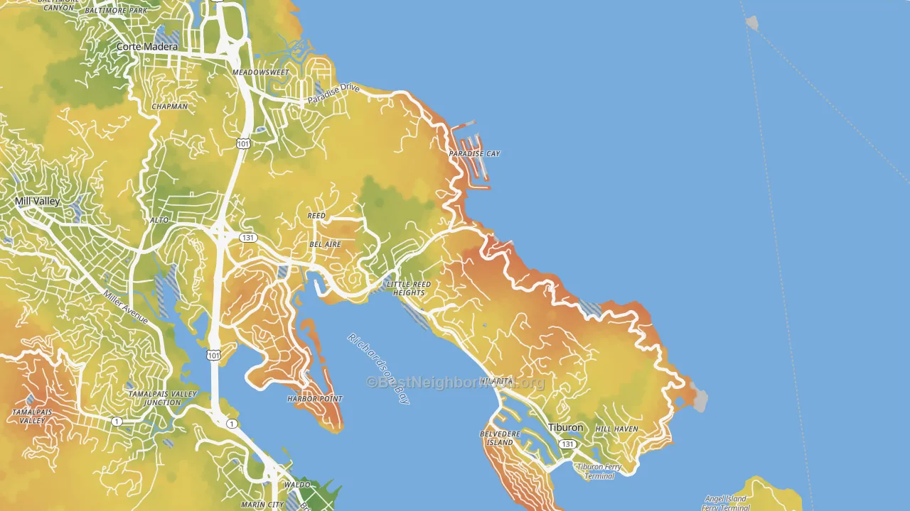 Bike Grade map of Belvedere-Tiburon, CA