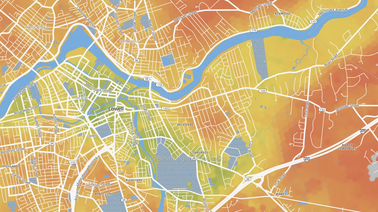 Bike Grade map of Belvidere, Lowell, MA