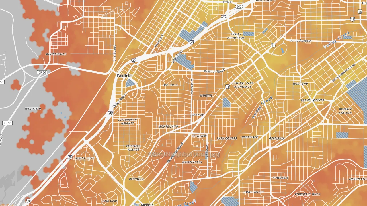 Bike Grade map of Belview Heights, Birmingham, AL