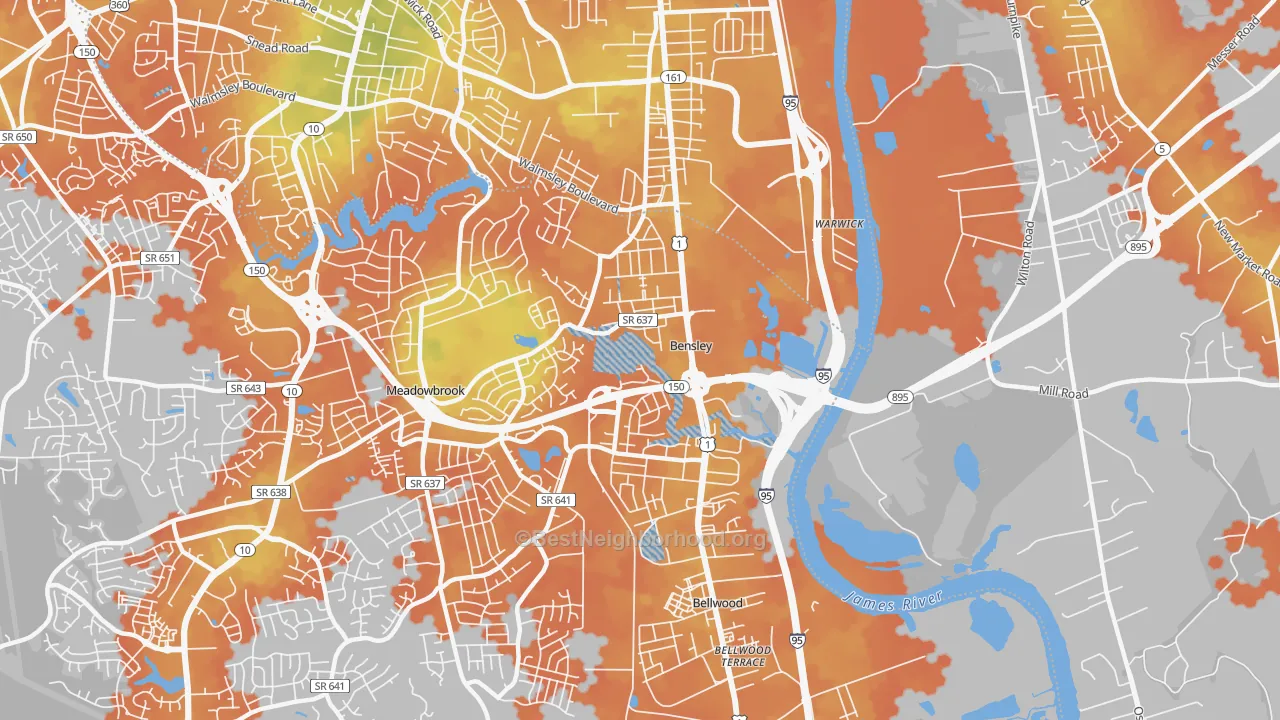 Bike Grade map of Bensley, VA