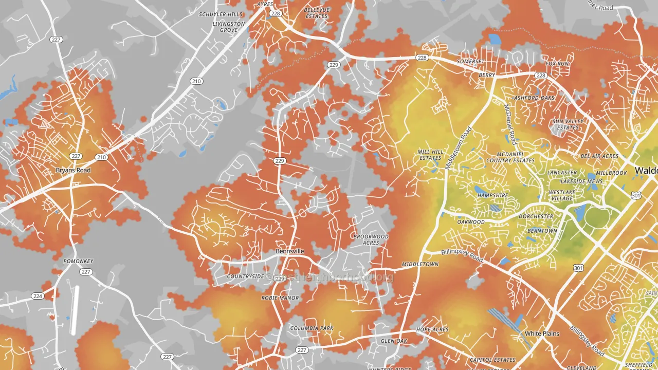 Bike Grade map of Bensville, Waldorf, MD