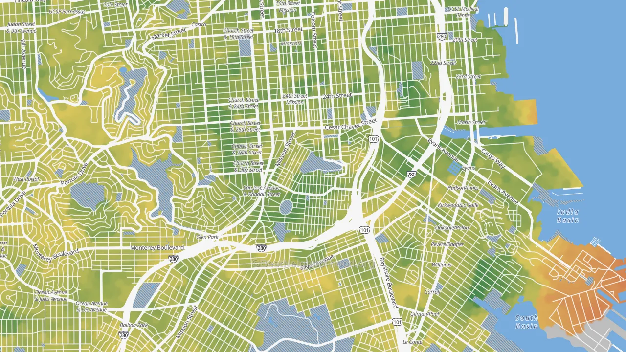 Bike Grade map of Bernal Heights, San Francisco, CA