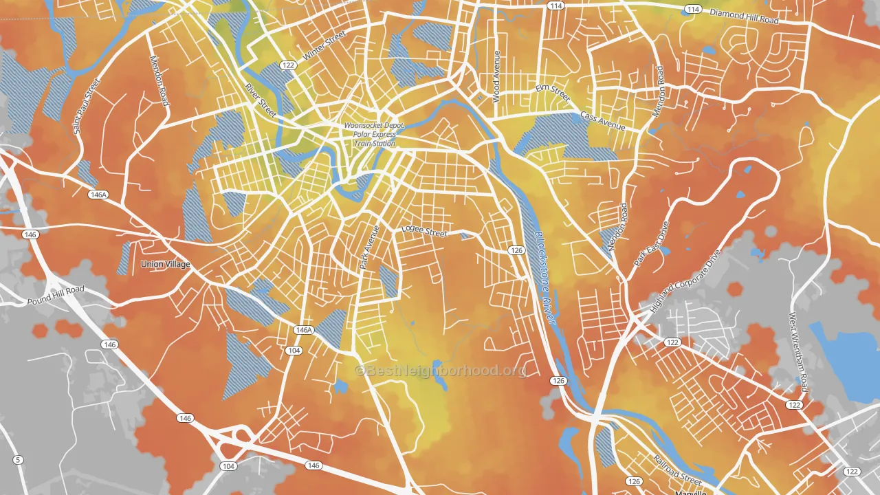Bike Grade map of Bernon Heights, Woonsocket, RI