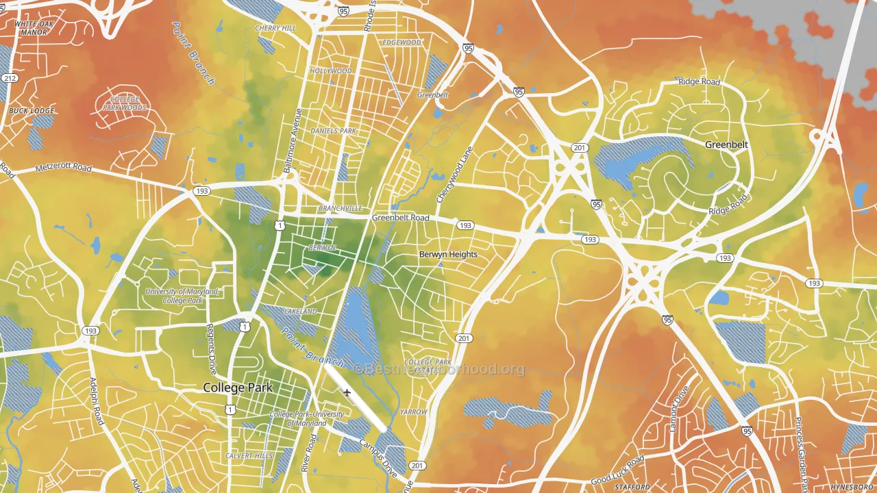 Bike Grade map of Berwyn Heights, MD