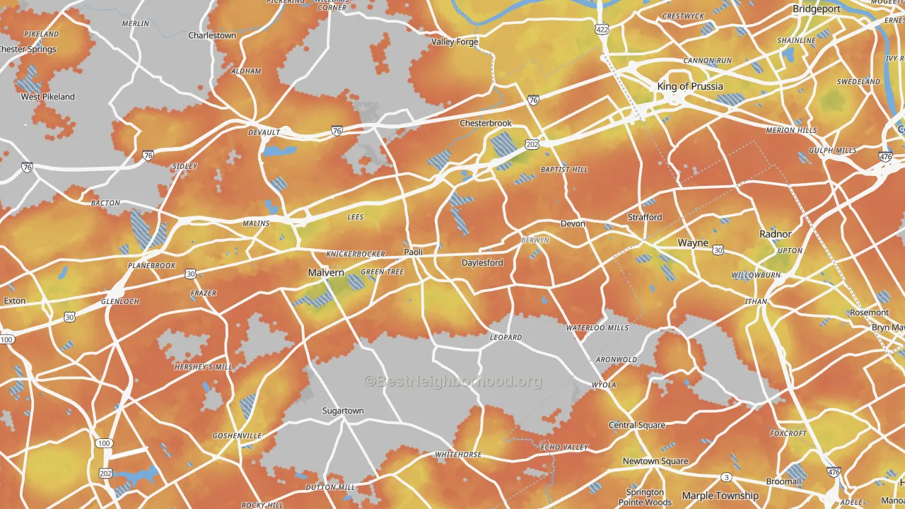 Bike Grade map of Berwyn, PA