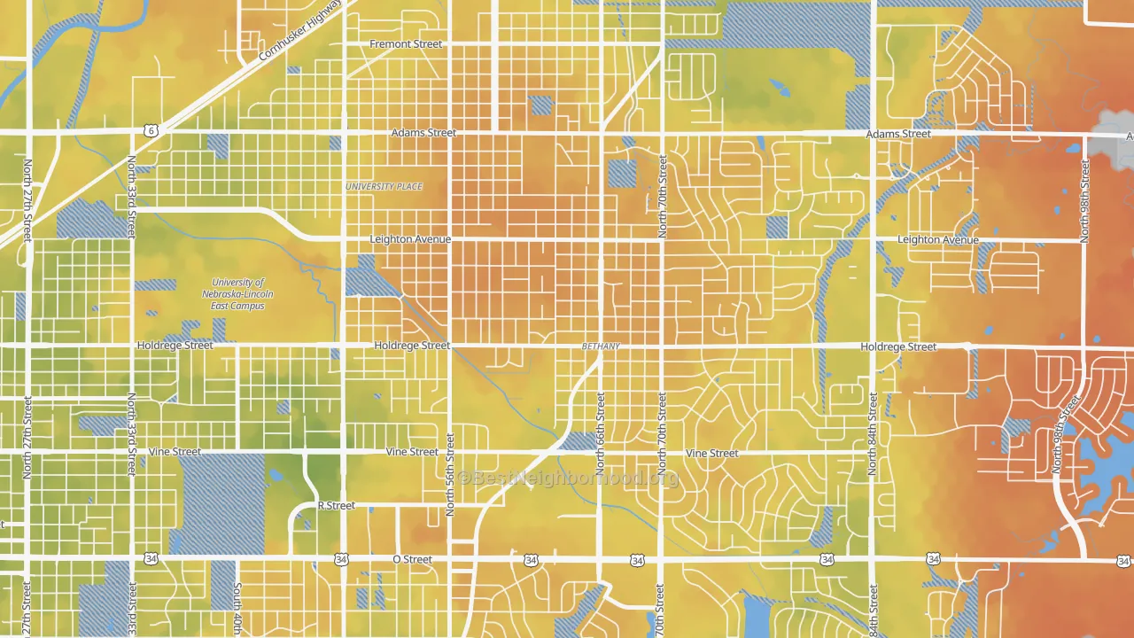 Bike Grade map of Bethany, Lincoln, NE