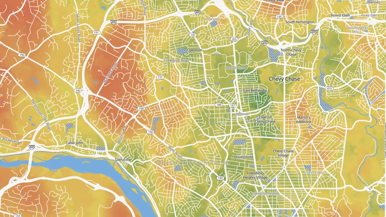 Bike Grade map of Bethesda, MD