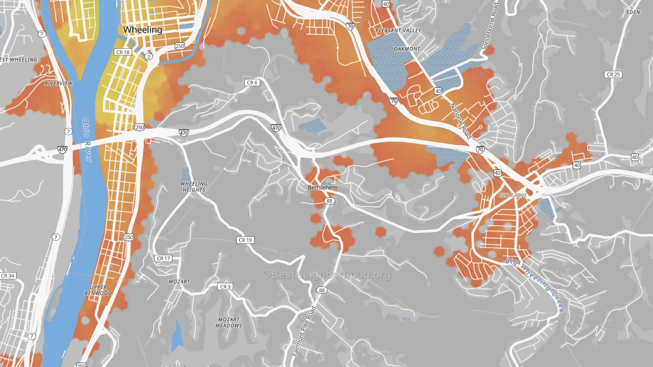 Bike Grade map of Bethlehem, WV