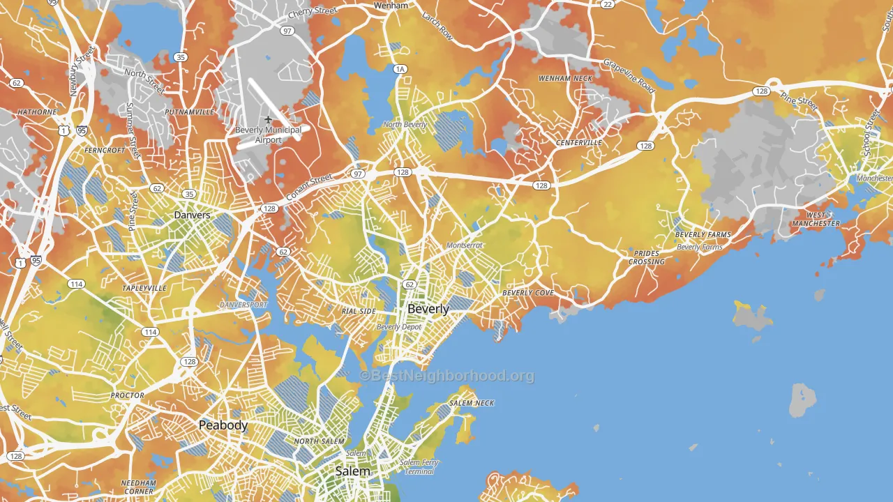 Bike Grade map of Beverly, MA