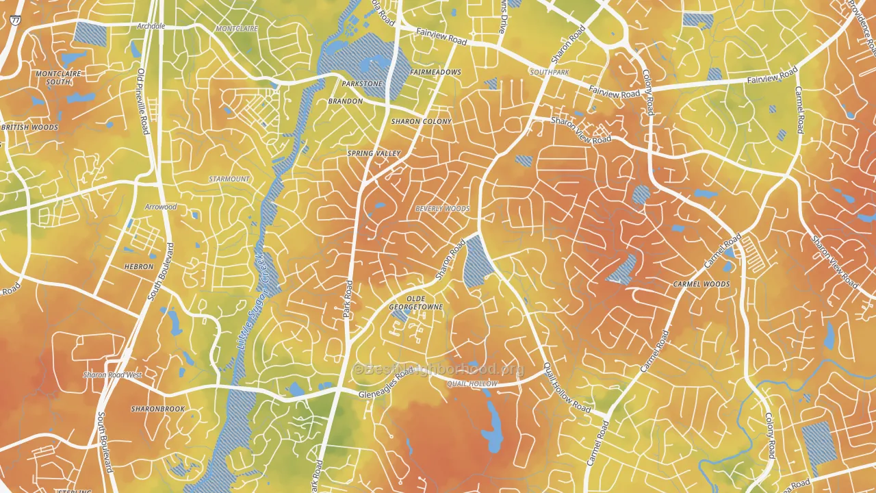 Bike Grade map of Beverly Woods, Charlotte, NC
