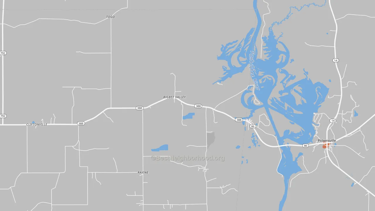 Bike Grade map of Bigbee Valley, MS