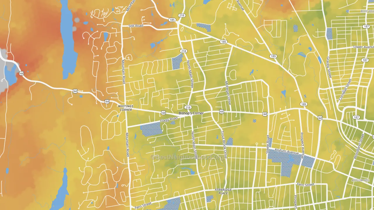 Bike Grade map of Bishops Corner, West Hartford, CT