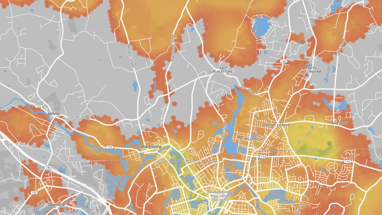 Bike Grade map of Blackstone, MA