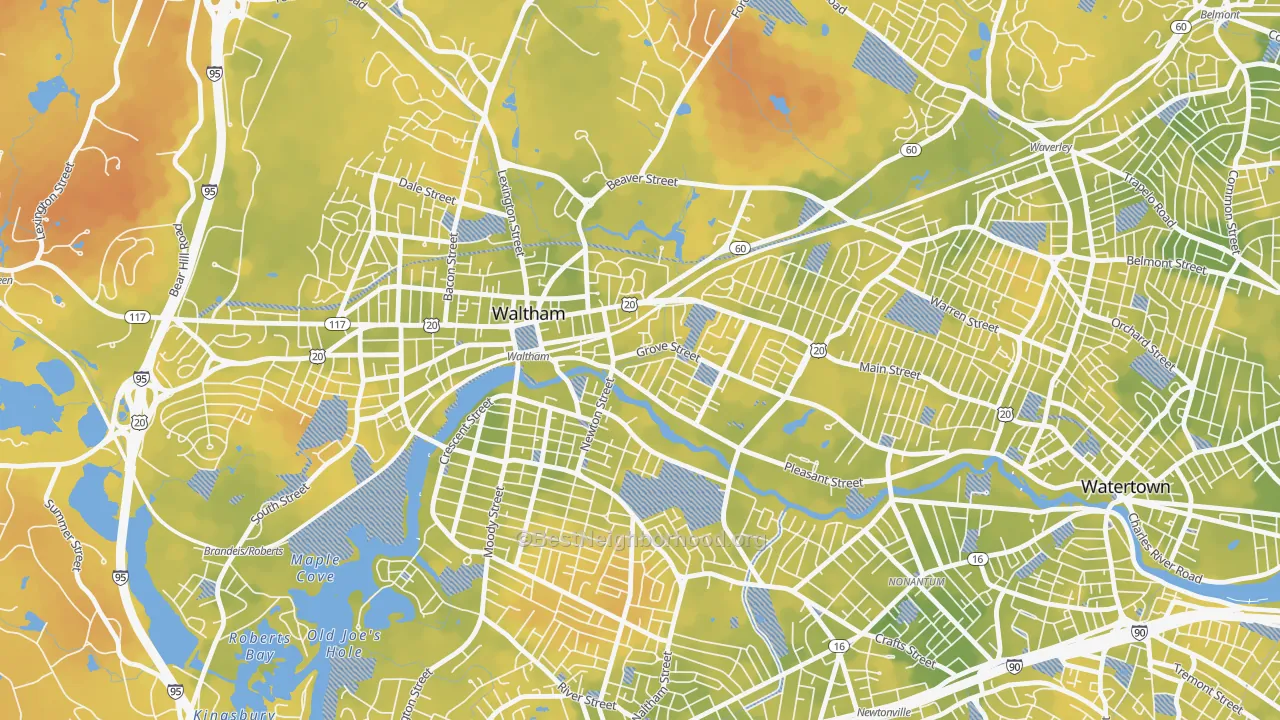 Bike Grade map of Bleachery, Waltham, MA
