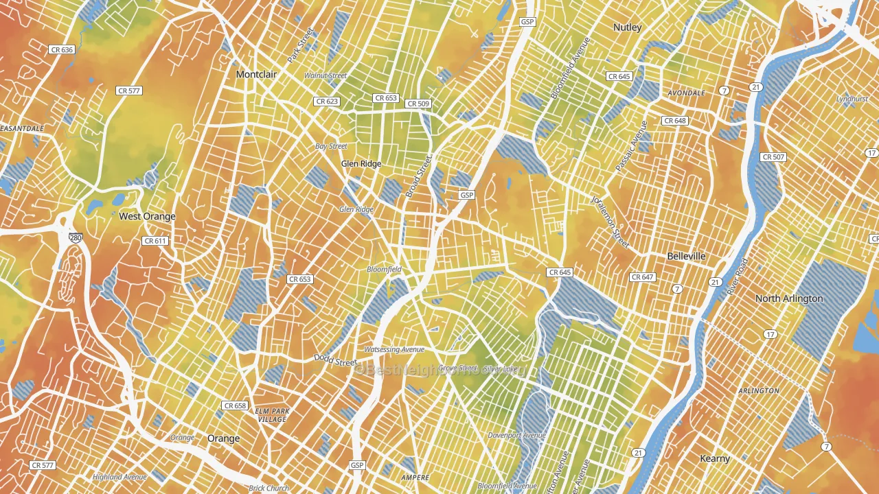 Bike Grade map of Bloomfield, NJ