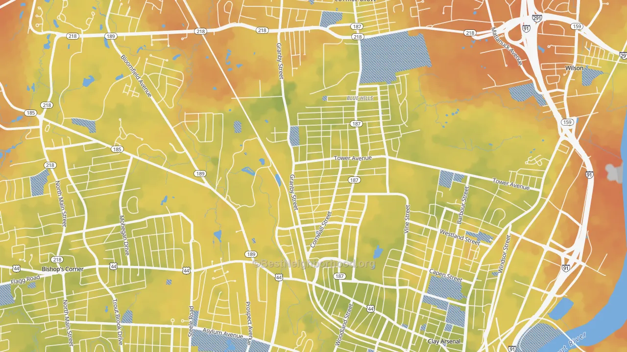 Bike Grade map of Blue Hills, Hartford, CT