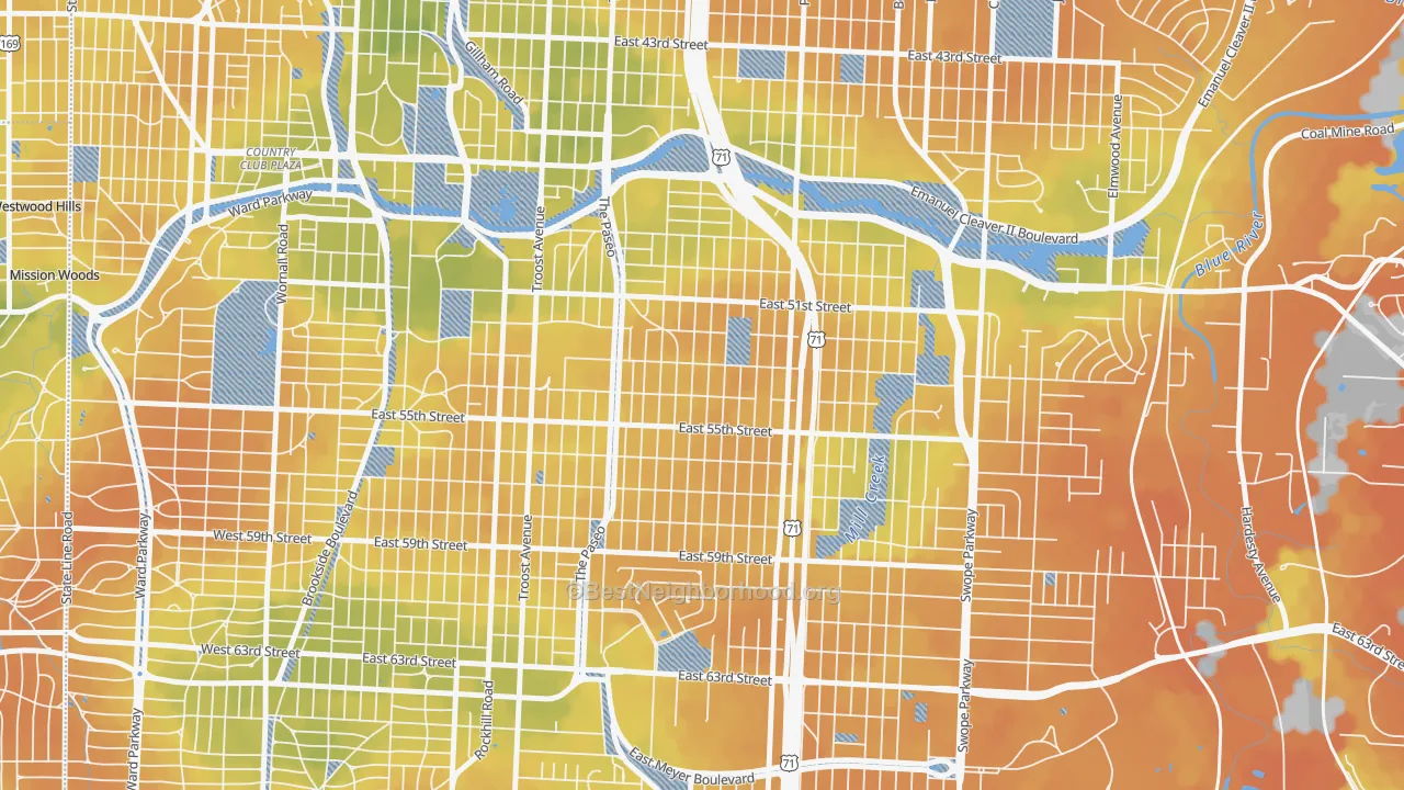 Bike Grade map of Blue Hills, Kansas City, MO