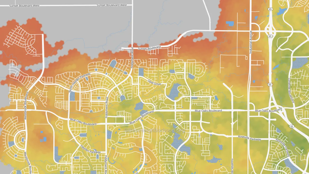 Bike Grade map of Blue Oaks, Roseville, CA