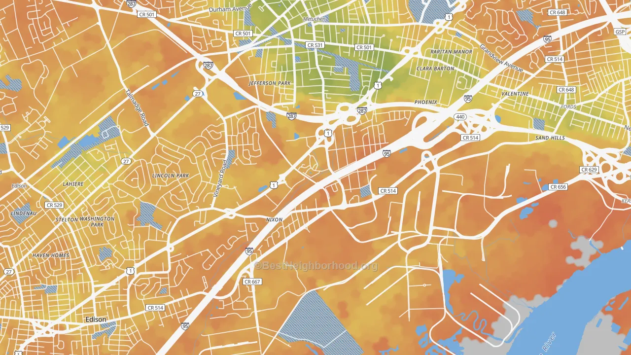 Bike Grade map of Bonhamtown, Edison, NJ