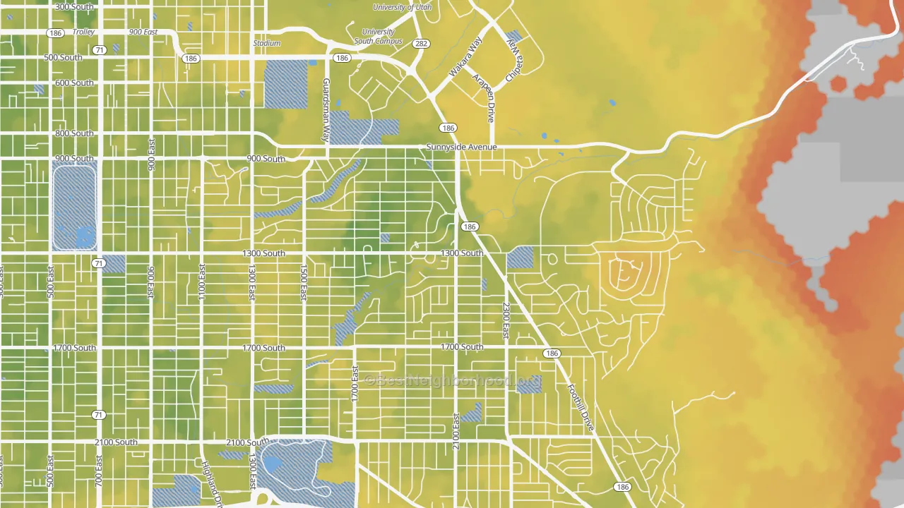 Bike Grade map of Bonneville Hills, Salt Lake City, UT