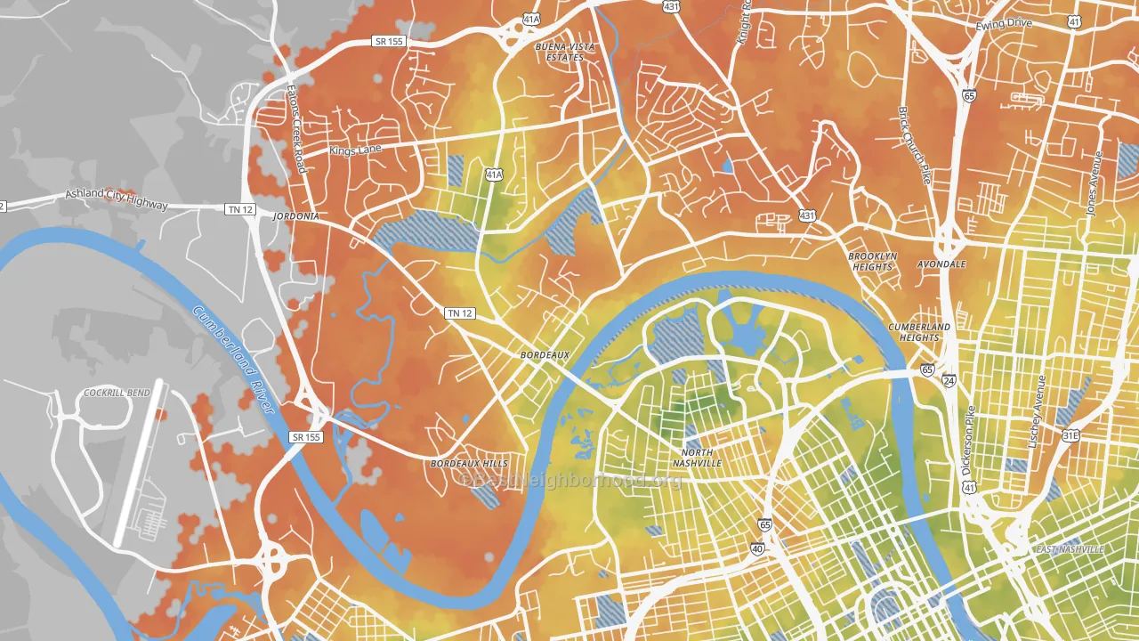 Bike Grade map of Bordeaux, Nashville, TN