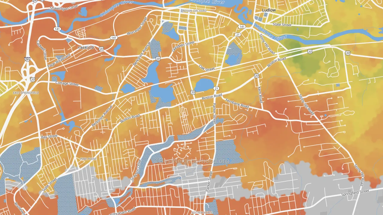 Bike Grade map of Boston Road, Springfield, MA
