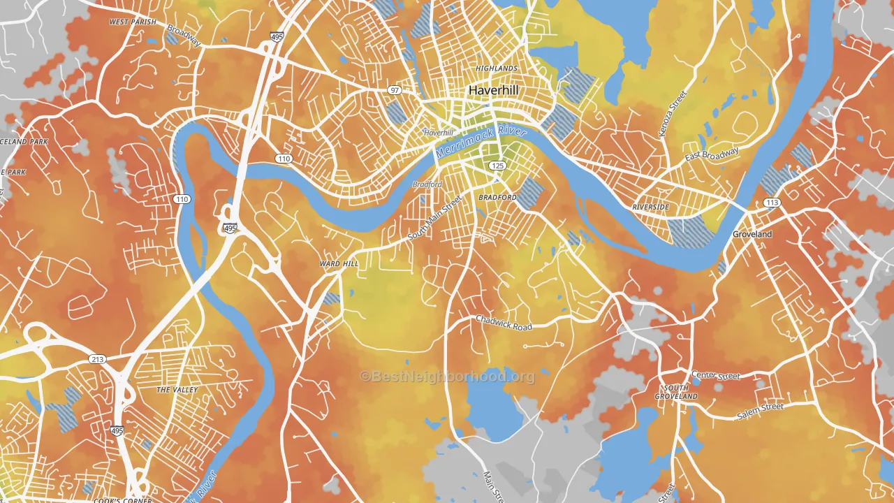 Bike Grade map of Bradford, Haverhill, MA