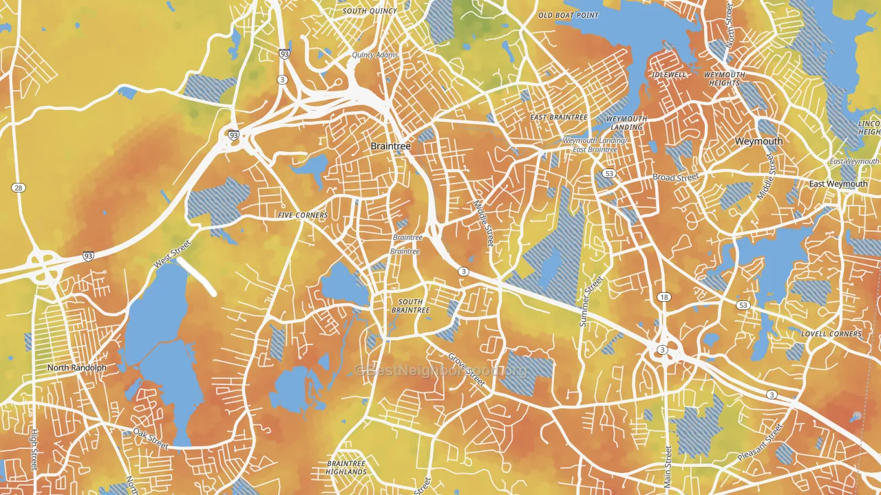 Bike Grade map of Braintree Town, MA
