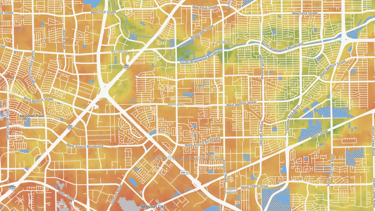 Bike Grade map of Brays Oaks, Houston, TX