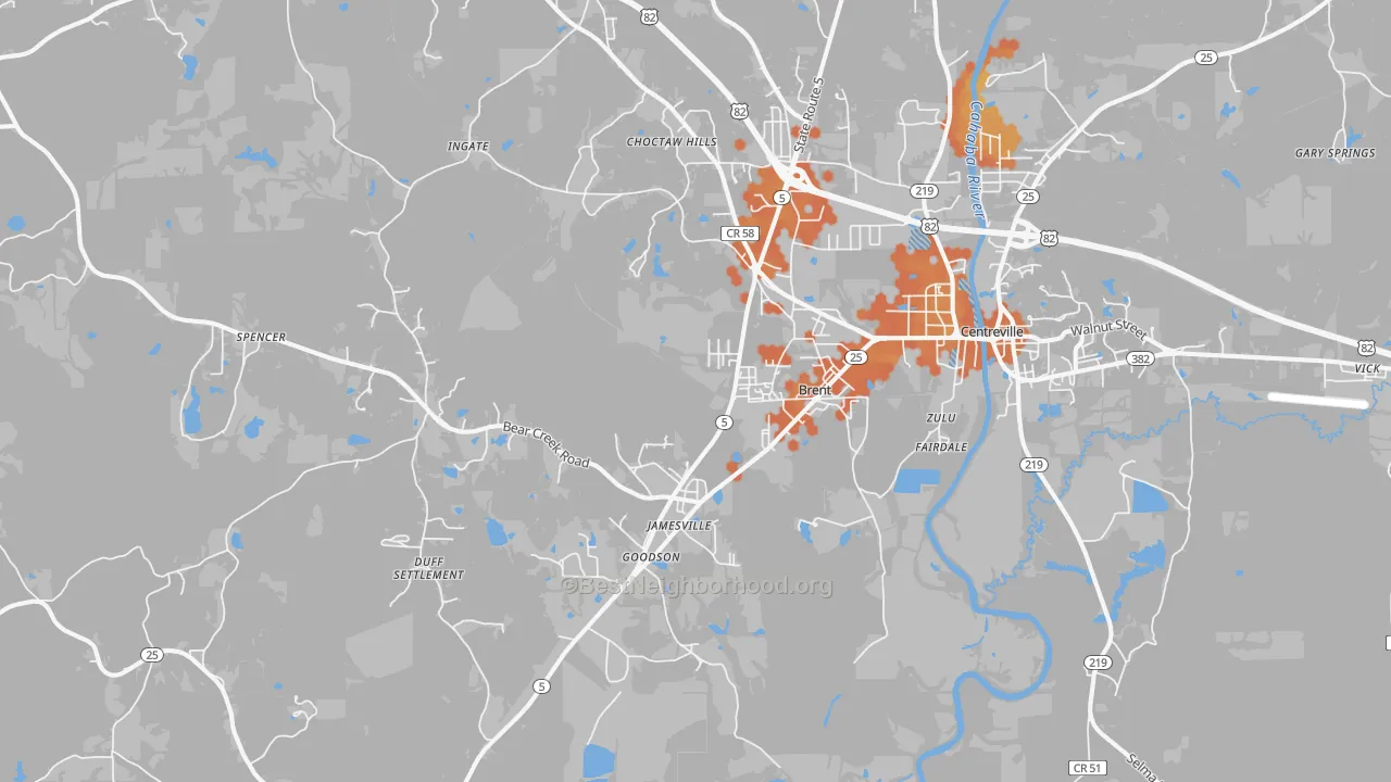 Bike Grade map of Brent, AL