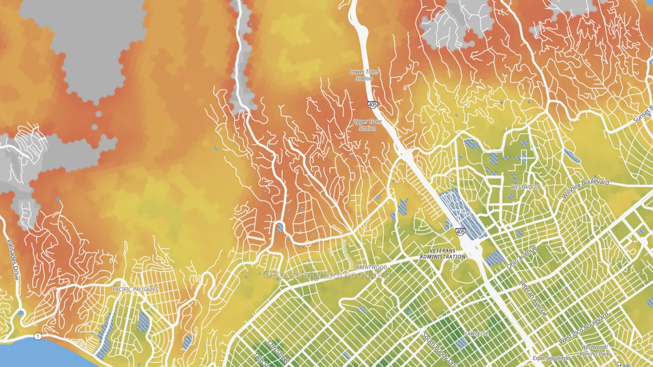 Bike Grade map of Brentwood, Los Angeles, CA
