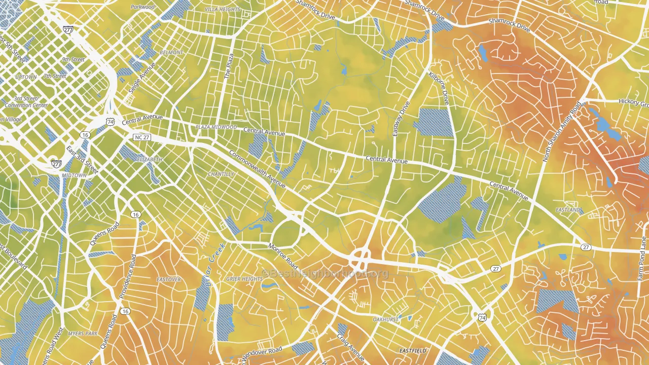 Bike Grade map of Briarcreek-Woodland, Charlotte, NC