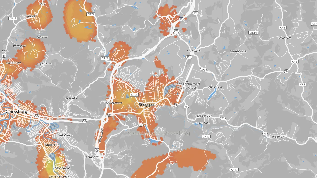 Bike Grade map of Bridgeport, WV