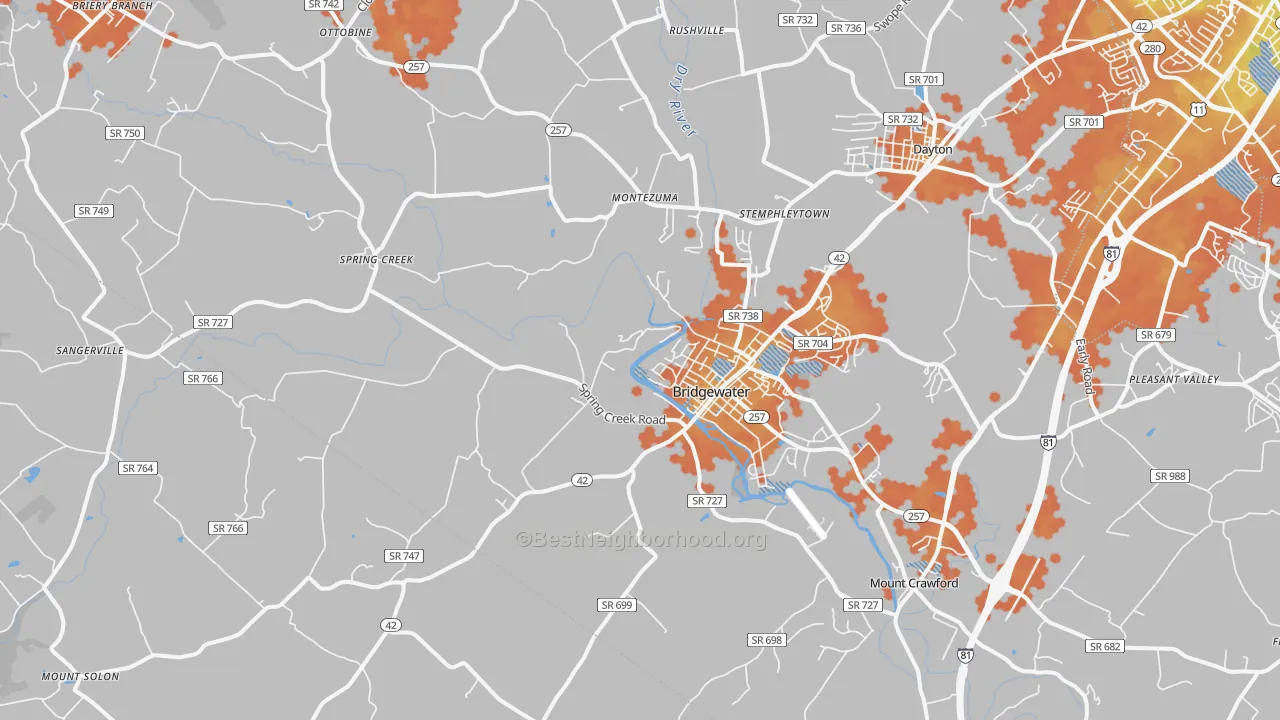 Bike Grade map of Bridgewater, VA