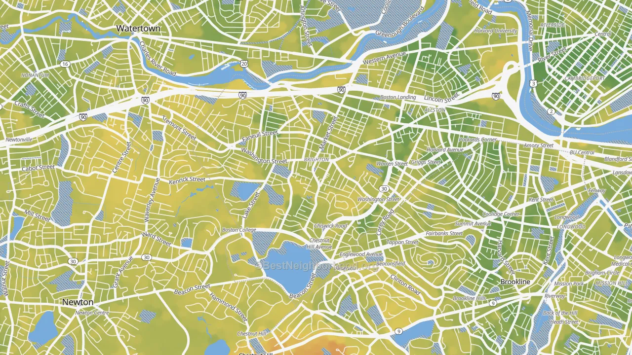 Bike Grade map of Brighton, MA