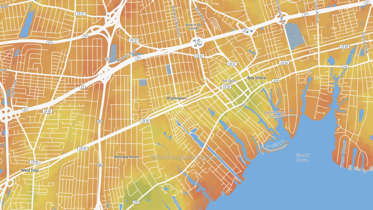 Bike Grade map of Brightwaters, NY