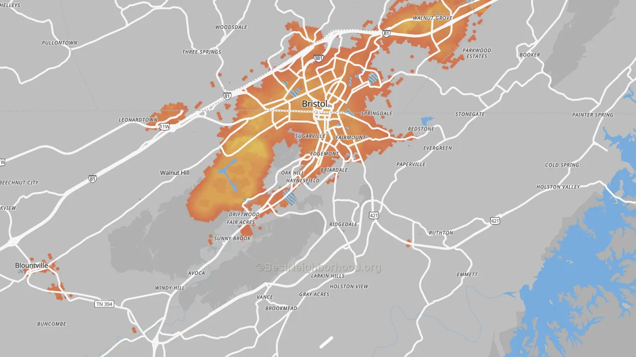 Bike Grade map of Bristol, TN