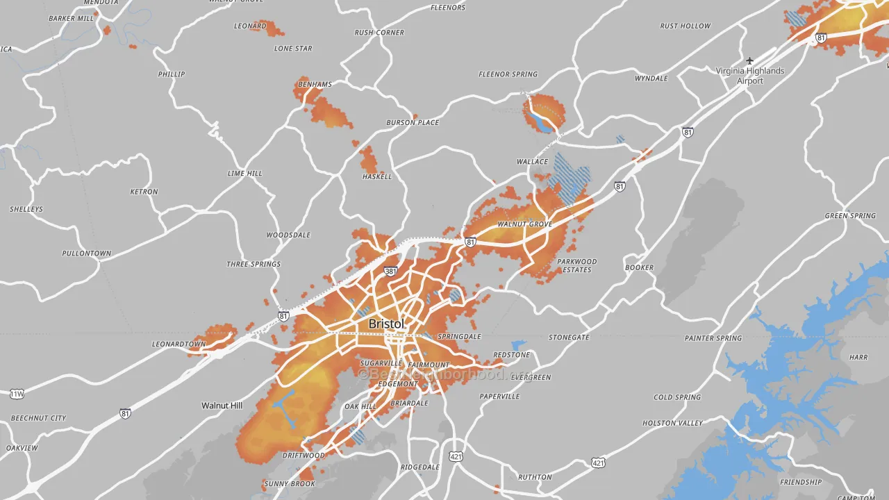 Bike Grade map of Bristol, VA